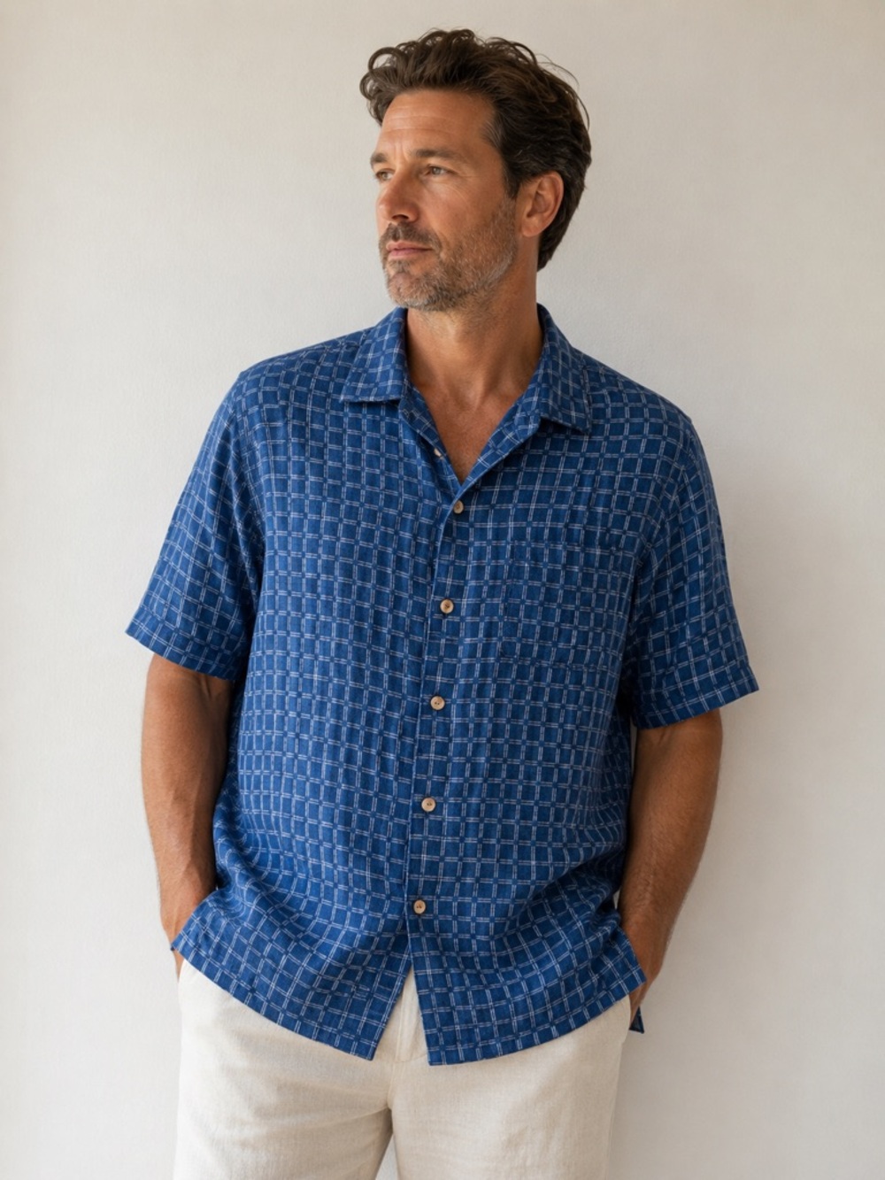 Tommy Bahama Men’s Large Blue Windowpane Silk Blend Camp Shirt Short Sleeve